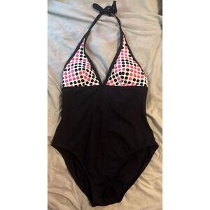 Anne Klein Women's Pink & Black Polka Dot‎ Halter One Piece Swimsuit, Size 10